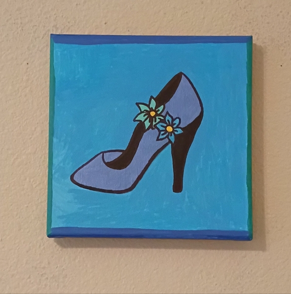 Blue Flower Pump Acrylic Painting On Canvas Home Decor Room Decor Gift 8x8" - Picture 1 of 3